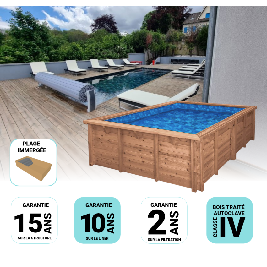 Piscine Bois Rebecca Rectangulaire avec Plage Immergée + Escalier 920x420x145cm Pierre de Bali