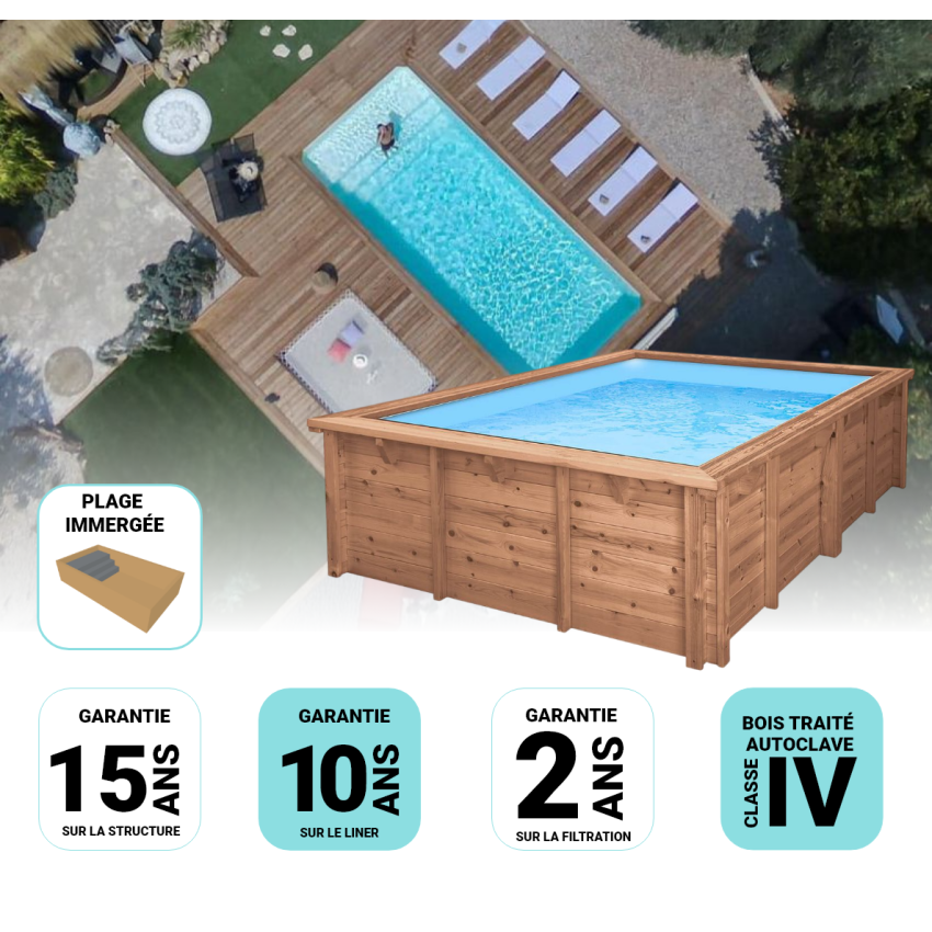 Piscine Bois Rebecca Rectangulaire avec Plage Immergée + Escalier 920x420x145cm