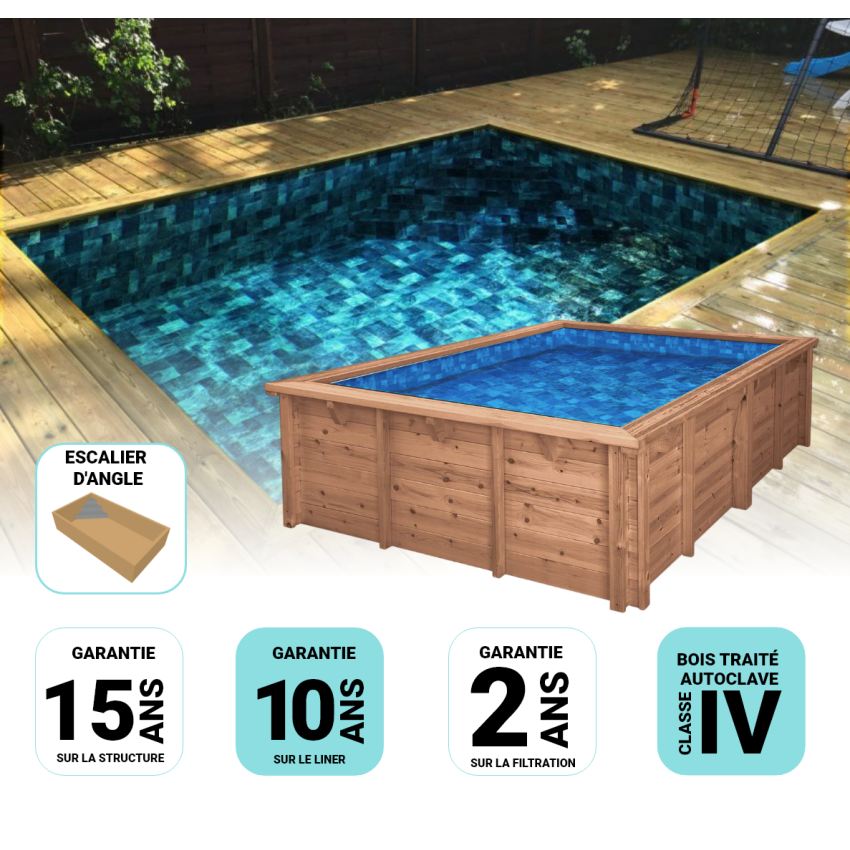 Piscine Bois Rebecca Rectangulaire avec Escalier d'Angle 920x420x145cm Pierre de Bali