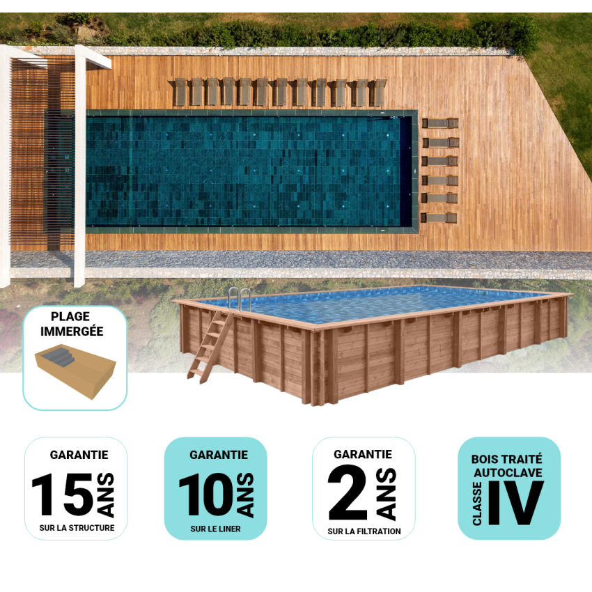 Piscine Bois Supreme Rectangulaire avec Plage Immergée + Escalier 1220x520x145cm Pierre de Bali