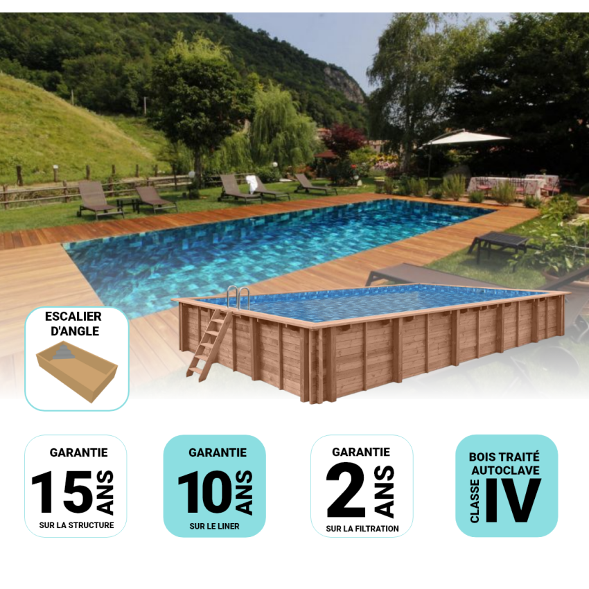 Piscine Bois Supreme Rectangulaire avec Escalier d'Angle 1220x520x145cm Pierre de Bali