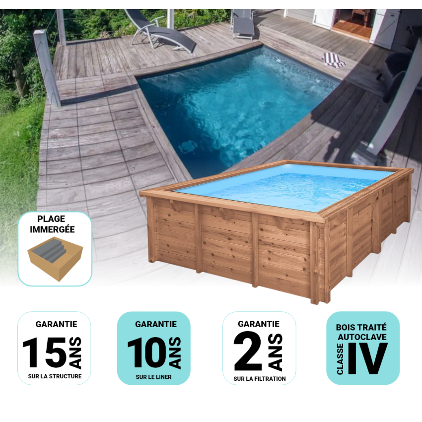 Piscine Bois Anna Carrée avec Plage immergée + Escalier 520x520x145cm