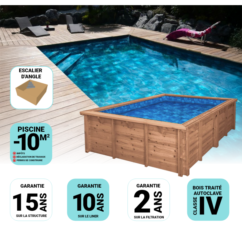 Piscine Bois California Rectangulaire Luxe avec Escalier d'Angle 520x220x131cm Pierre de Bali