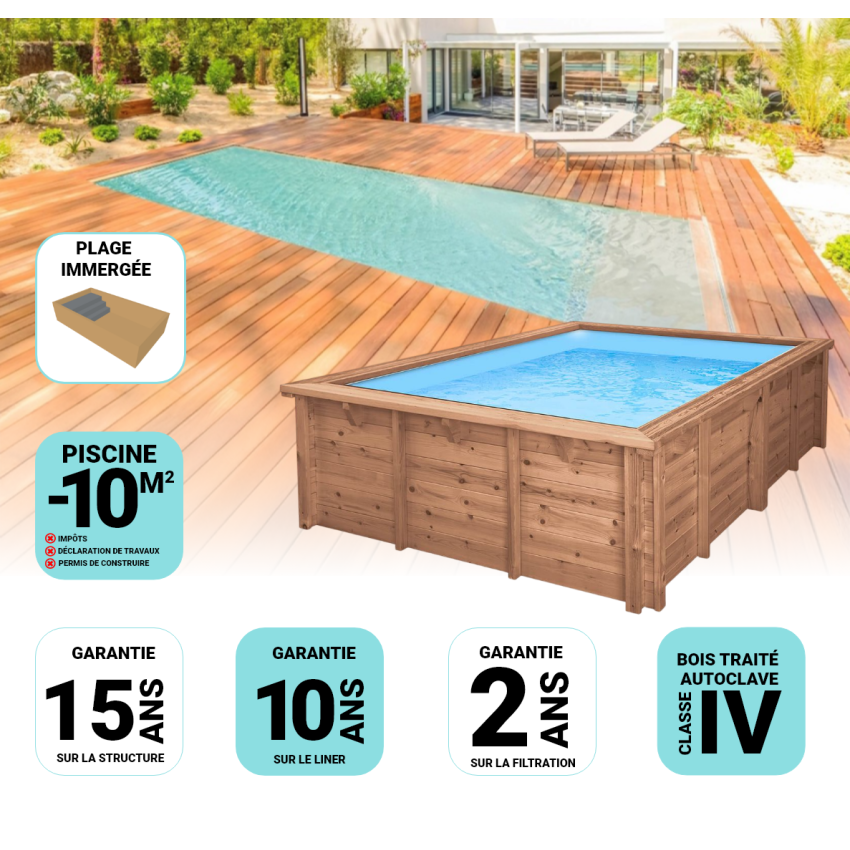 Piscine Bois California Rectangulaire Luxe avec Plage immergée + escalier 520x220x131cm