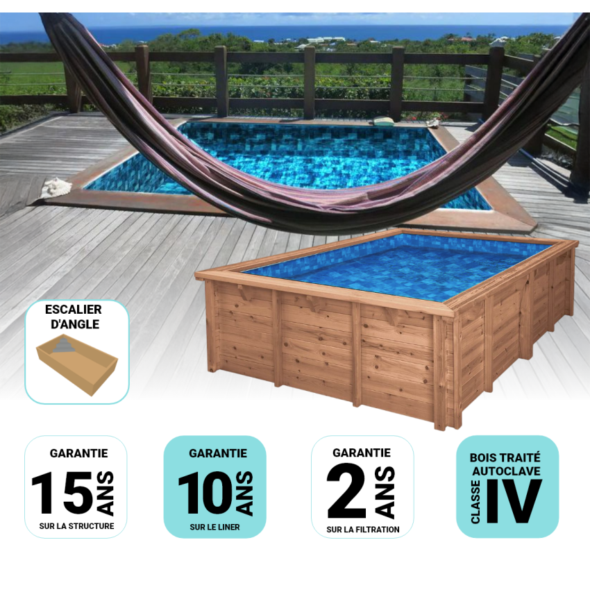 Piscine Bois Capri Carrée avec Escalier d'Angle 420x420x145cm Pierre de Bali