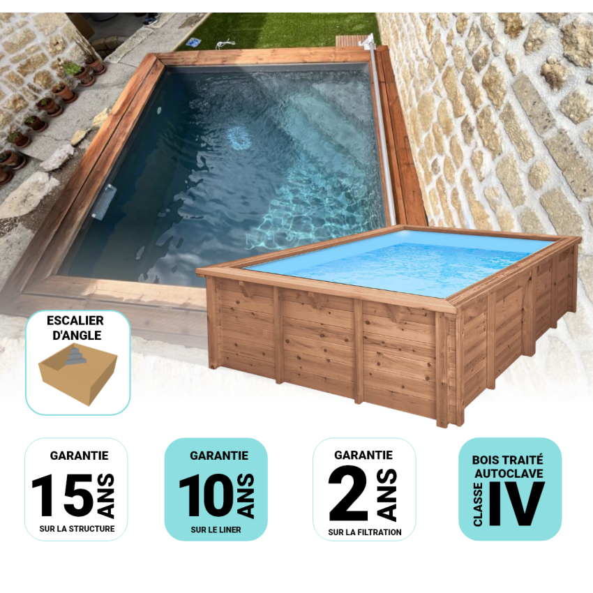 Piscine Bois Capri Carrée avec Escalier d'Angle 420x420x145cm