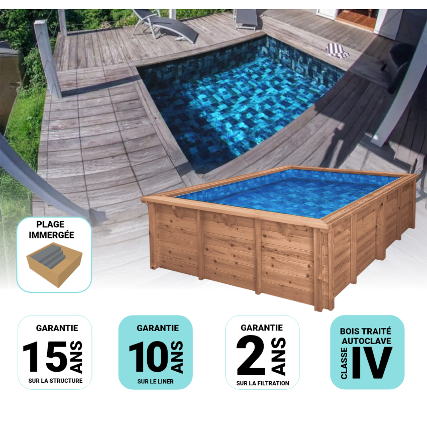 Piscine Bois Capri Carrée avec Plage Immergée + Escalier 420x420x145cm Pierre de Bali