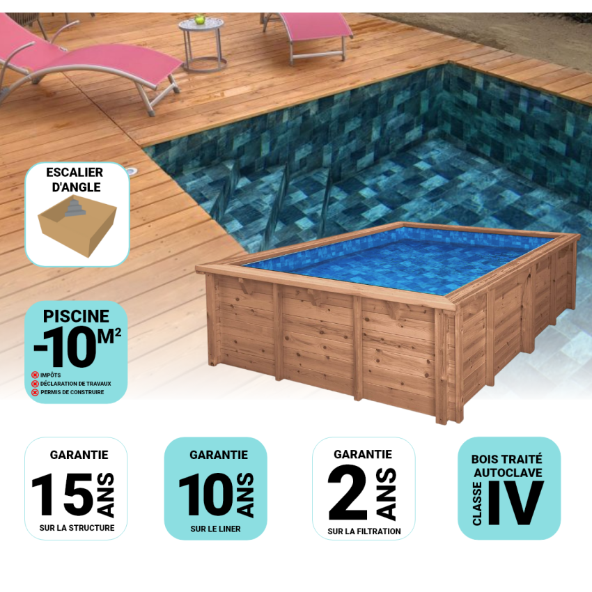 Piscine Bois Luna Rectangulaire avec Escalier d'Angle 350x270x70cm Pierre de Bali