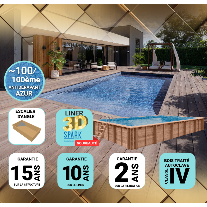 Piscine Bois PRESTIGE Rectangulaire Luxe avec Escalier d'angle 470x270x145cm Liner Relief 3D