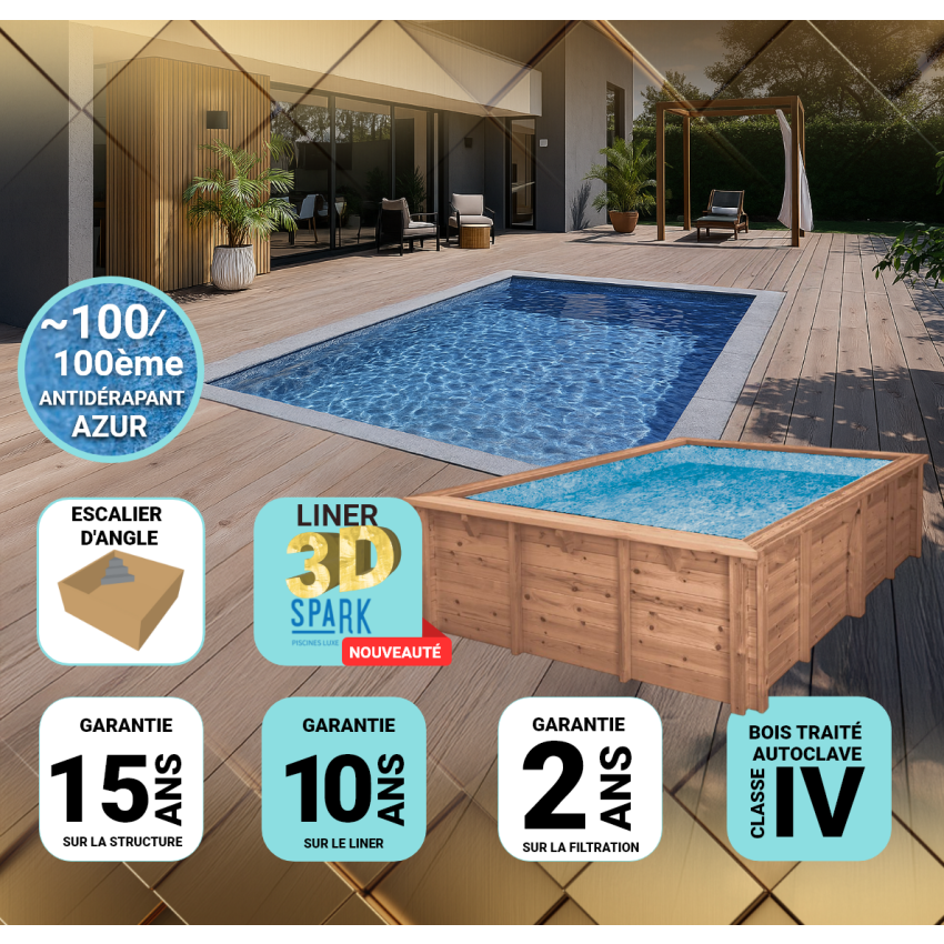 Piscine Bois PRESTIGE Anna carrée avec Escalier d'Angle SPARK 520x520x145cm Liner Relief 3D
