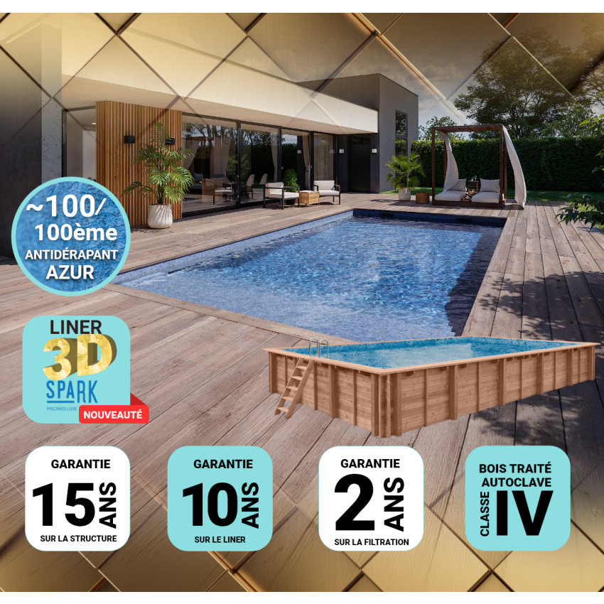 Piscine Bois PRESTIGE Rectangulaire SPARK 820x420x145cm Liner Relief 3D