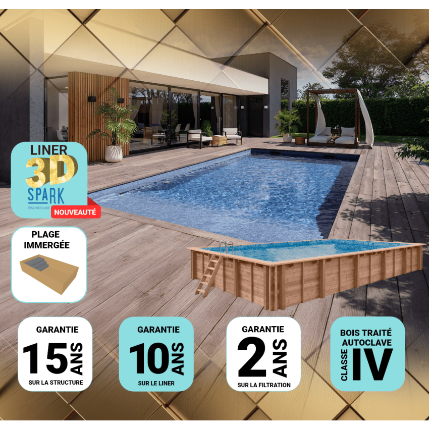Piscine Bois PRESTIGE Carrée TROPICANA SPARK avec Plage immergée + Escalier 320x320x145 cm Liner Relief 3D