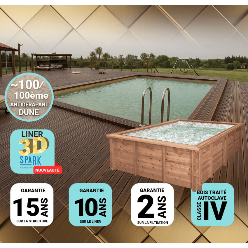 Piscine Bois PRESTIGE Capri Carrée SPARK 420x420x145cm Liner Relief 3D