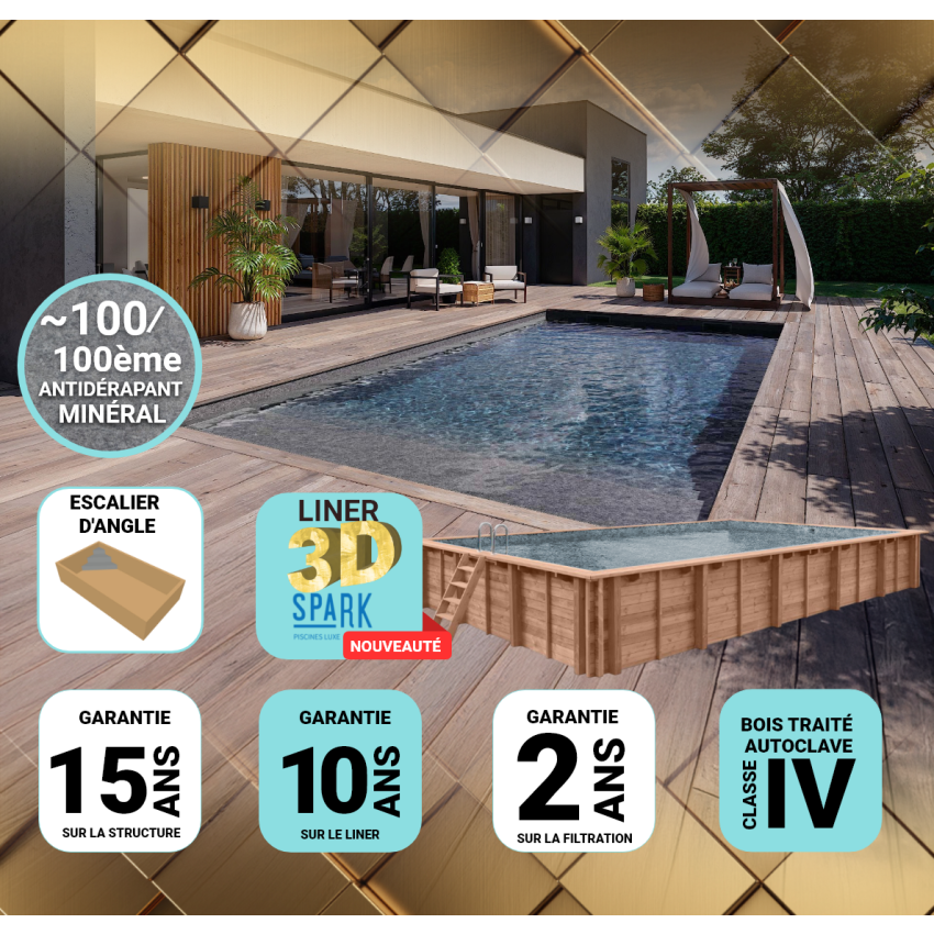 Piscine Bois PRESTIGE Rectangulaire avec Escalier d'Angle SPARK 920x420x145cm Liner Relief 3D