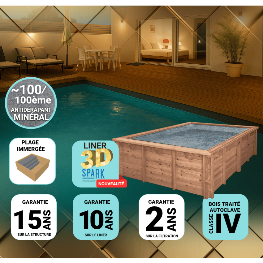 Piscine Bois PRESTIGE Capri Carrée avec Plage Immergée + Escalier SPARK 420x420x145cm Liner Relief 3D
