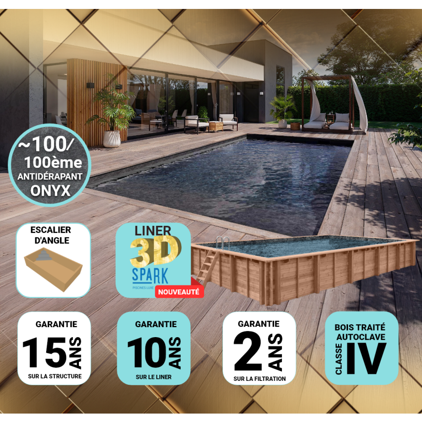 Piscine Bois Diana PRESTIGE  DIANA Rectangulaire SPARK avec Escalier d'Angle 820x420x145cm Liner Relief 3D