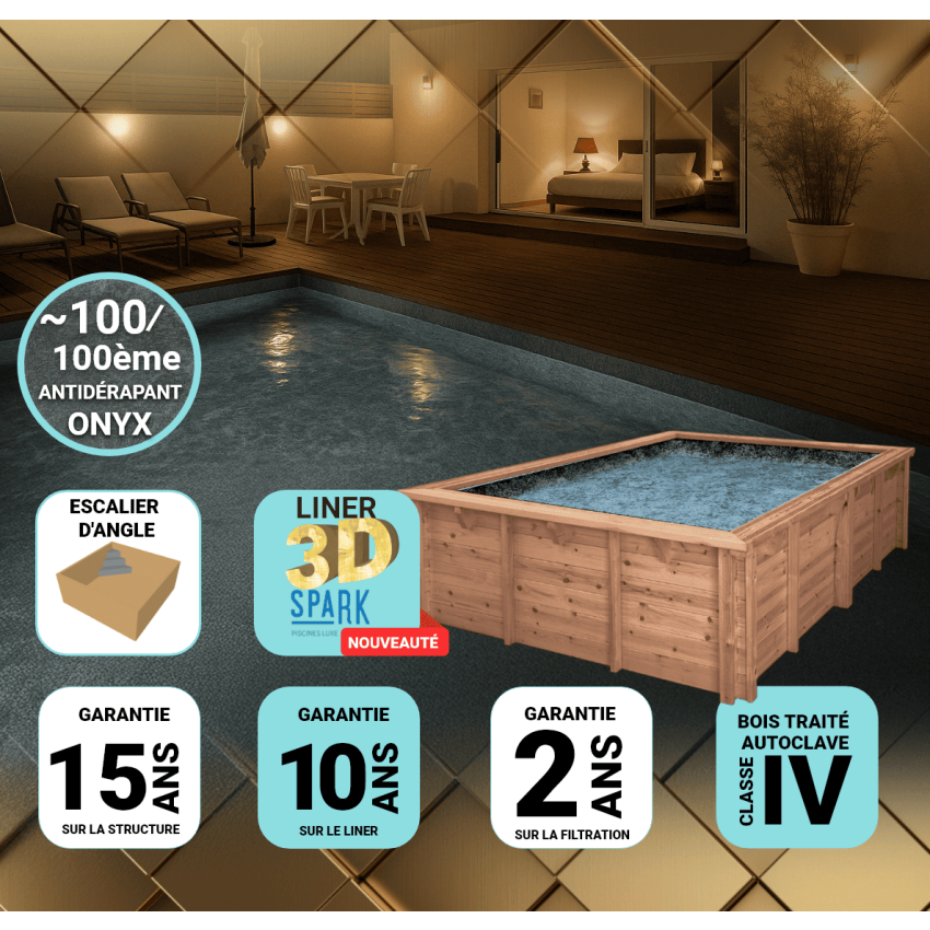 Piscine Bois PRESTIGE Capri Carrée avec Escalier d'Angle SPARK 420x420x145cm Liner Relief 3D