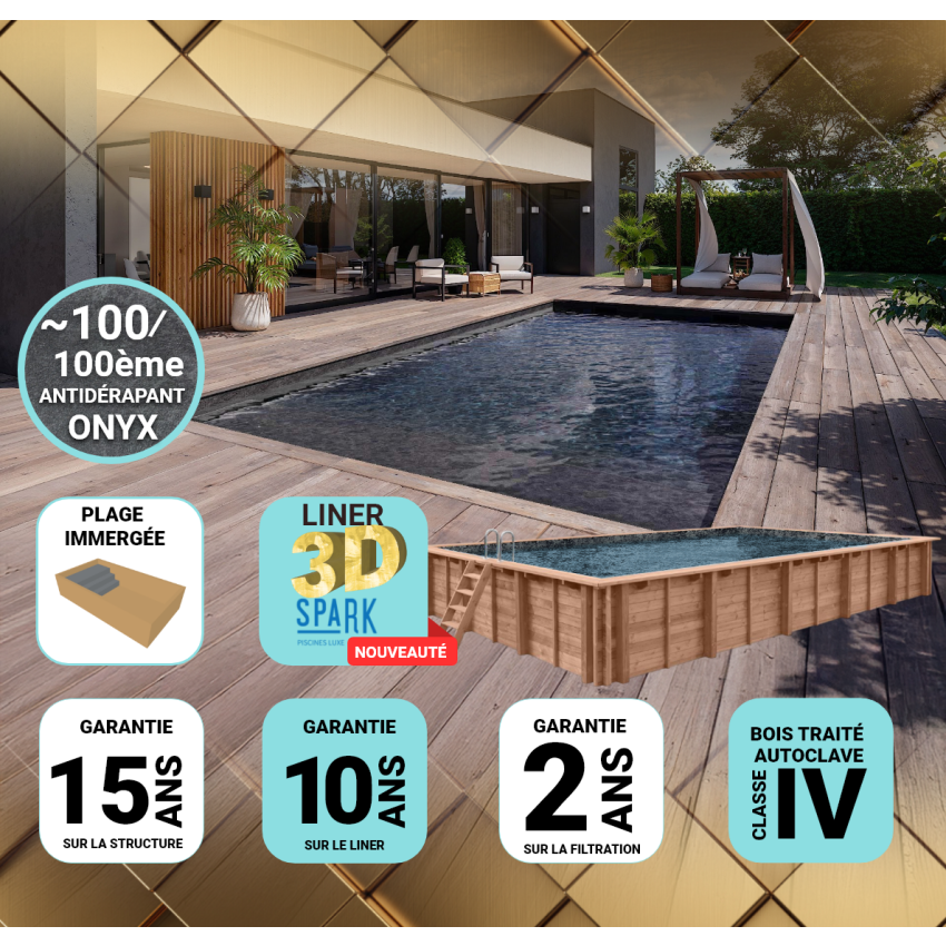 Piscine Bois PRESTIGE Rectangulaire SPARK avec Plage immergée + escalier 420x320x131cm Liner Relief 3D