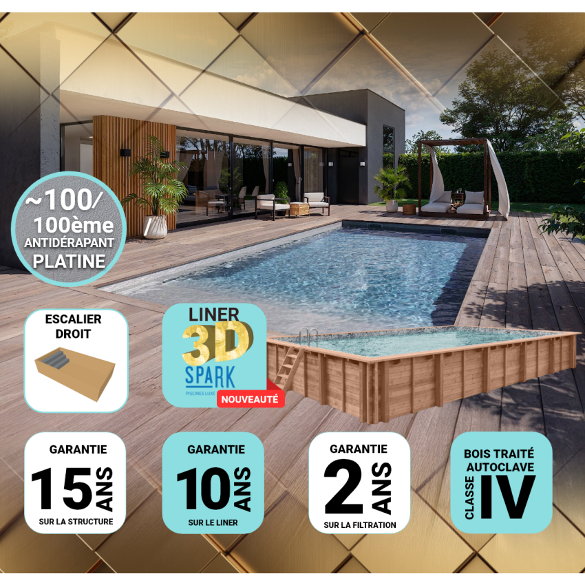 Piscine Bois PRESTIGE Rectangulaire avec Escalier SPARK 920x420x145cm Liner Relief 3D