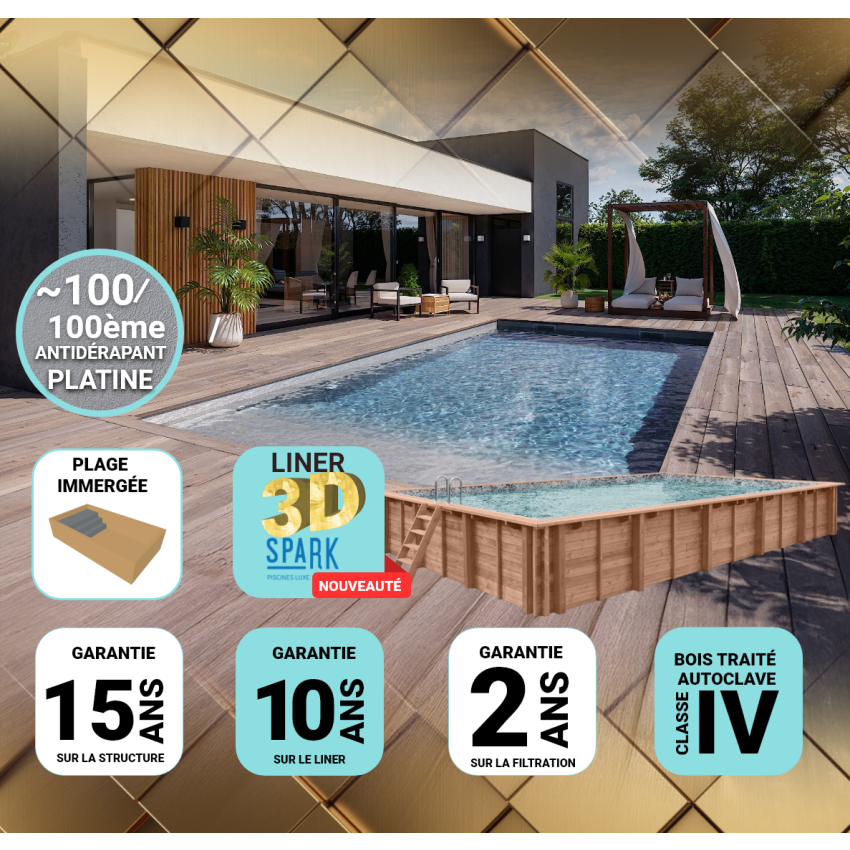 Piscine Bois PRESTIGE Rectangulaire avec Plage immergée + Escalier SPARK 620x420x145cm Liner Relief 3D