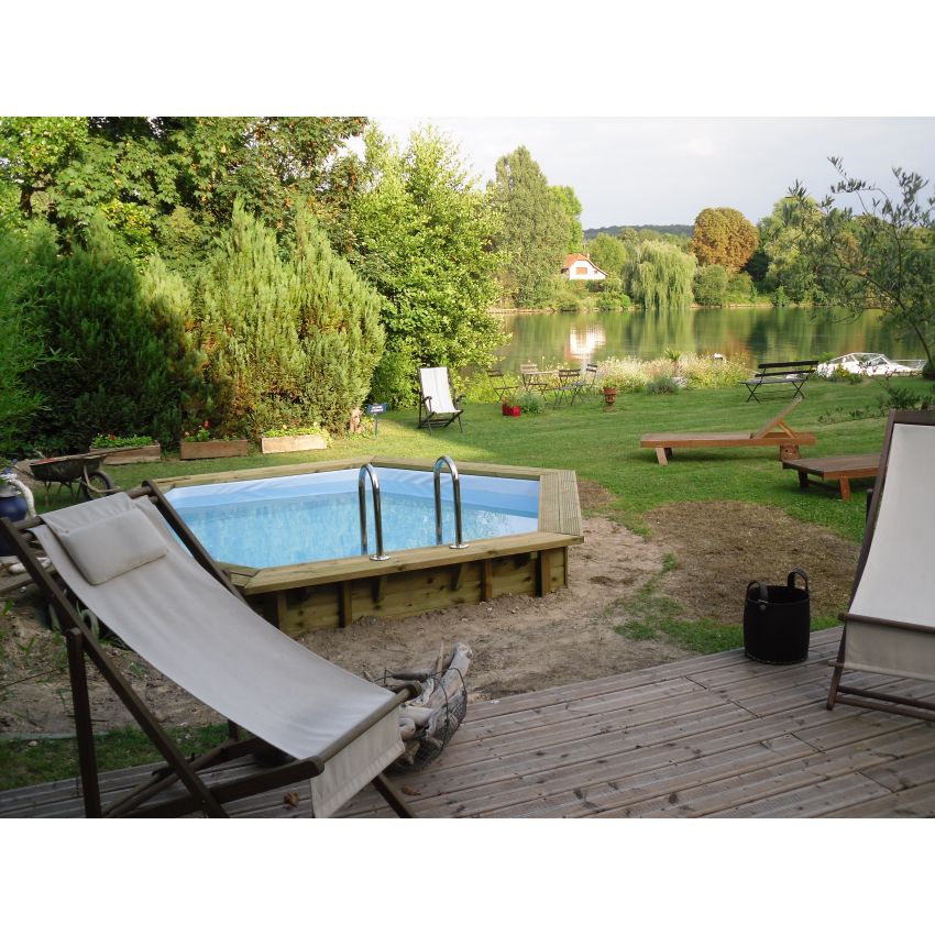 Piscine Bois Hexagonale UBBINK AZURA 410x120 cm Liner Bleu + Bâche à bulle offerte