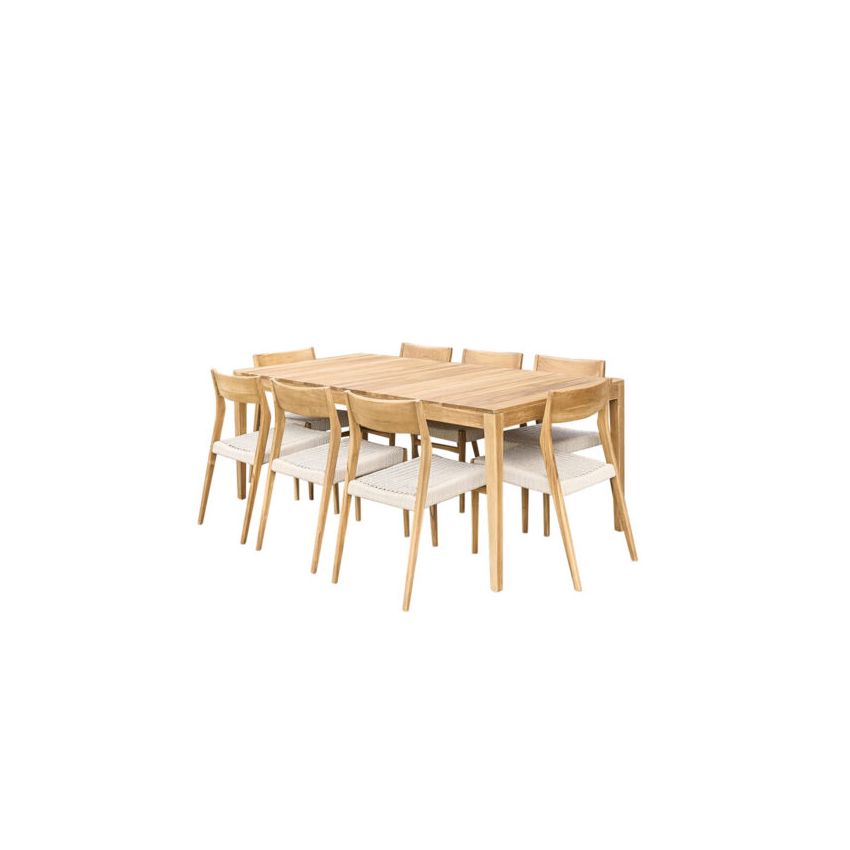 Ensemble Table 6/8 places avec 8 chaises CALVI en Teck et cordage Beige