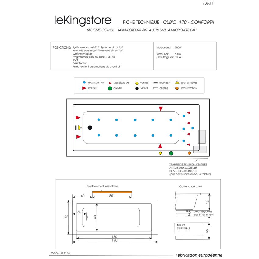 Baignoire Balnéo Cubic Conforta 170 x 75 cm