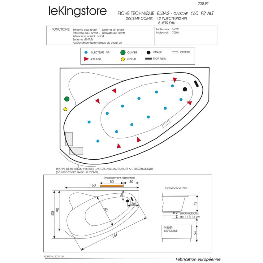 Baignoire Balnéo Elba 160 x 105 cm