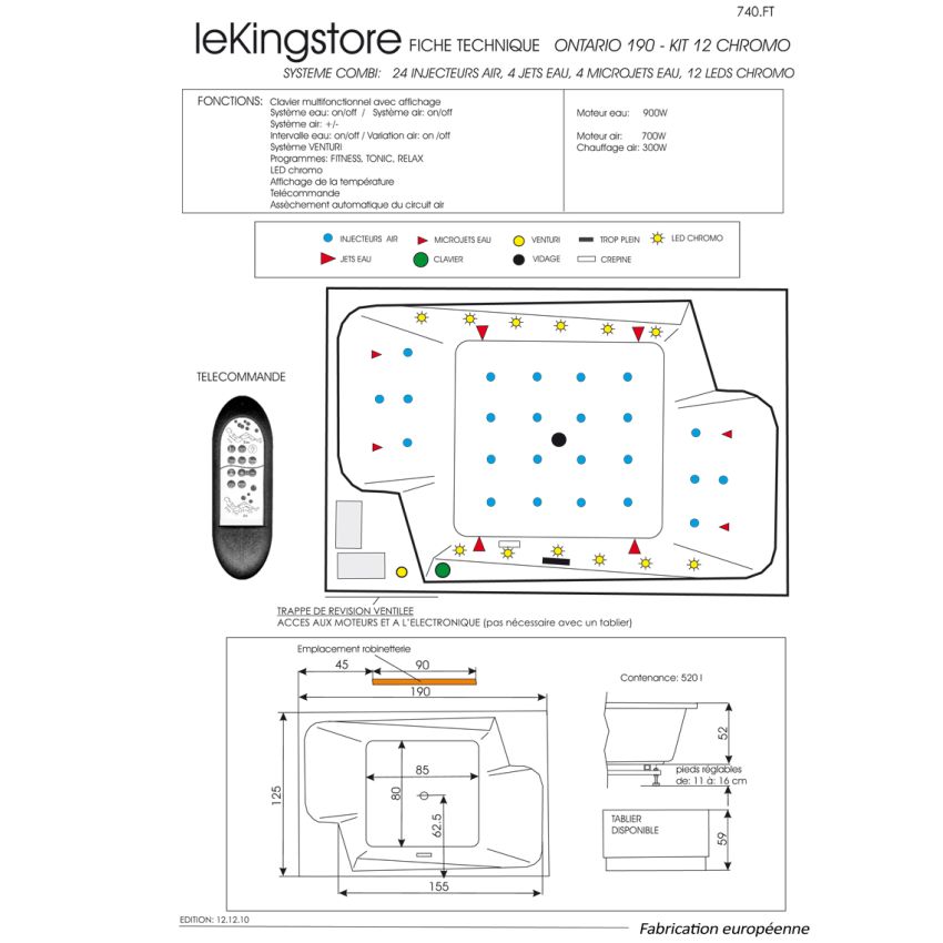 Baignoire Balnéo Ontario 190 x 125 cm 2 places