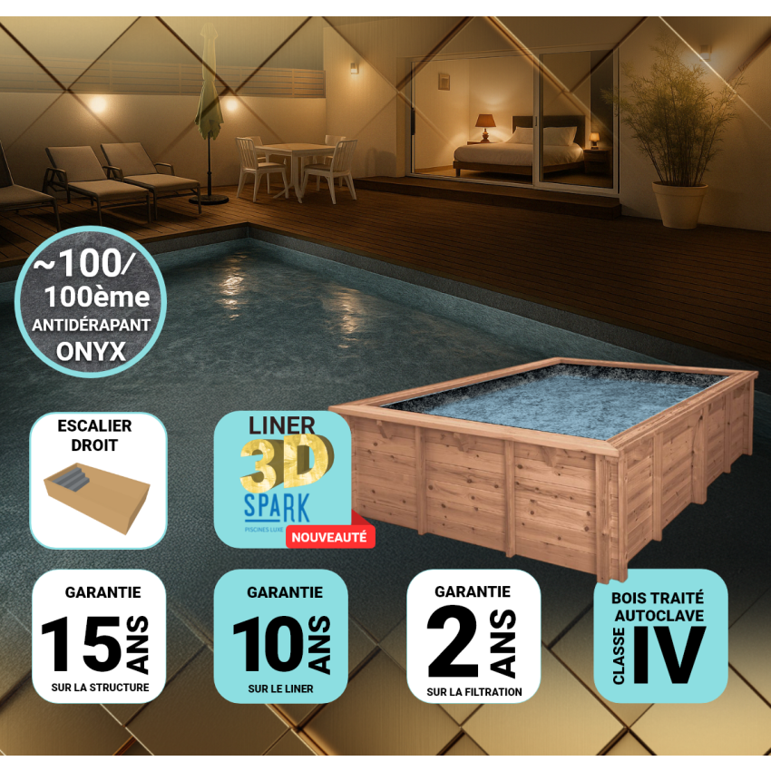 Piscine Bois PRESTIGE Anna Carrée avec Escalier SPARK 520x520x145cm Liner Relief 3D