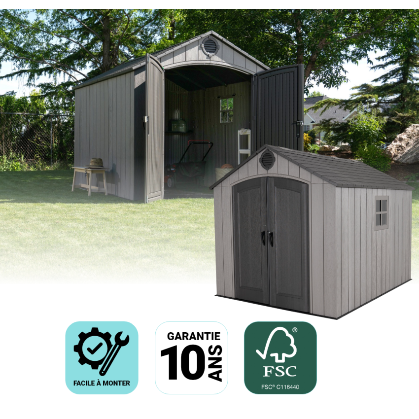 Abri résine PEHD imitation bois grand volume avec plancher et toit 2 pentes 7,44 m2