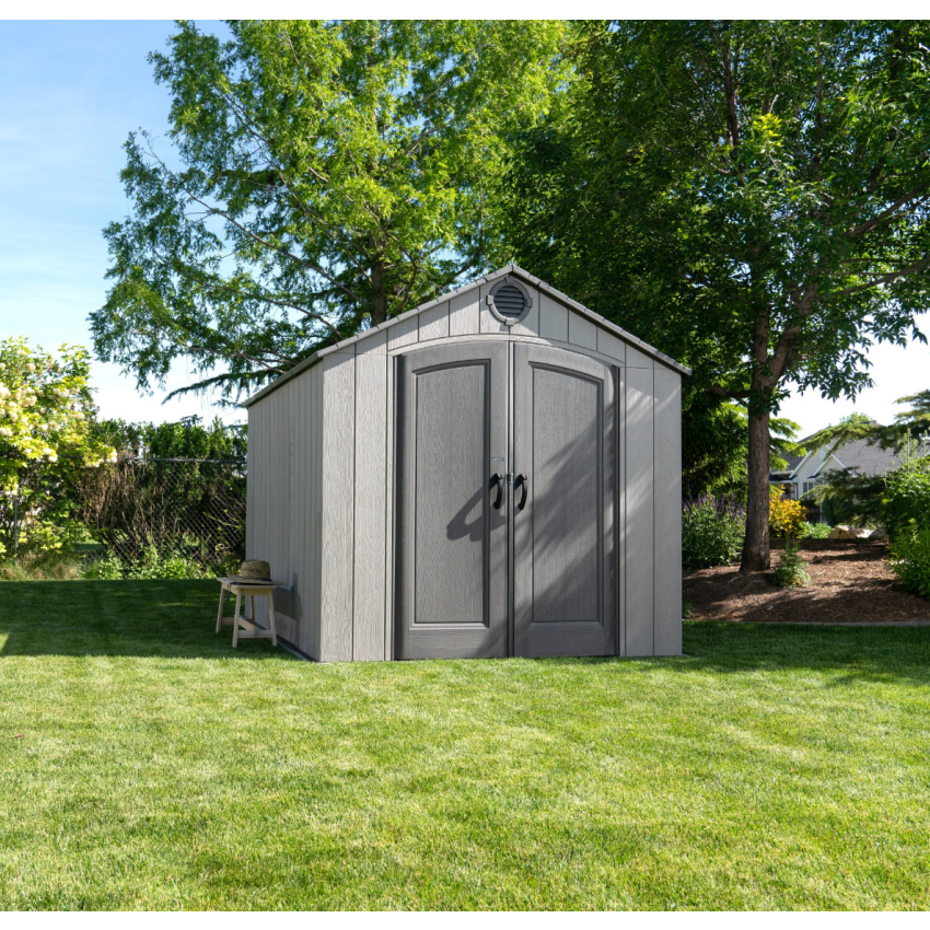 Abri résine PEHD imitation bois grand volume avec plancher et toit 2 pentes 7,44 m2