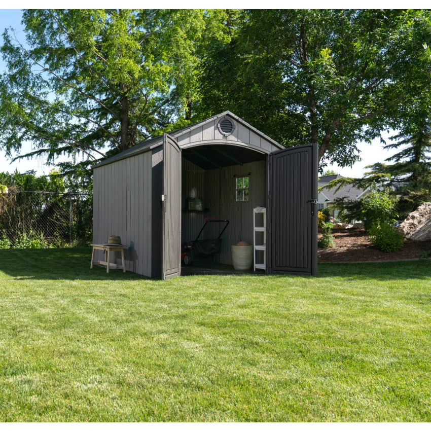 Abri résine PEHD imitation bois grand volume avec plancher et toit 2 pentes 7,44 m2