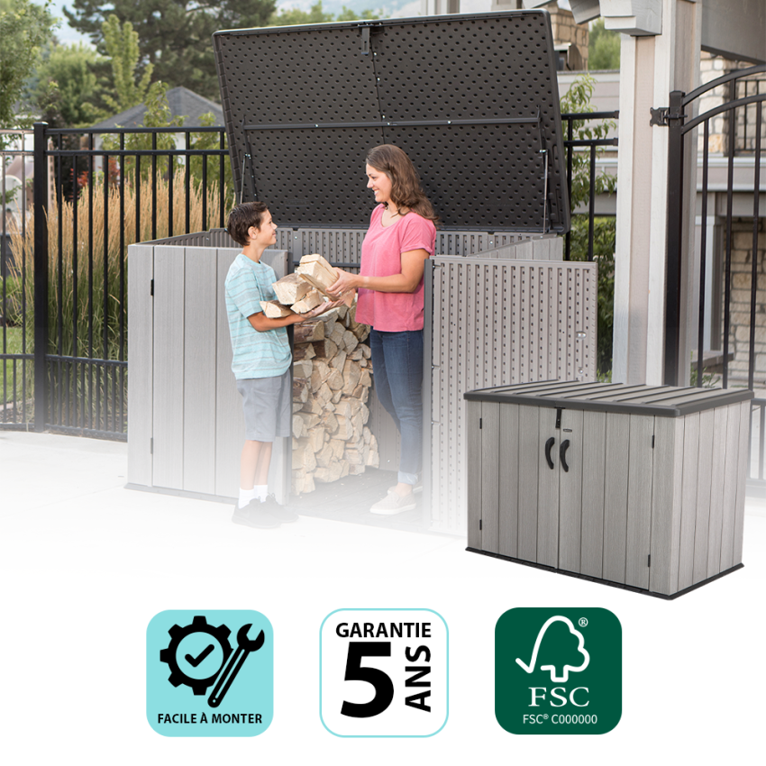 Coffre de jardin résine PEHD toit incliné imitation bois grand volume / capacité 2,72 m3