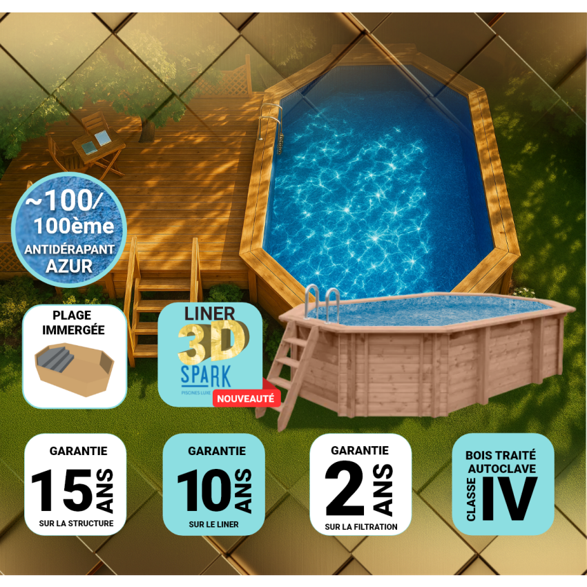 Piscine bois PRESTIGE Octogonale Allongée SPARK avec Plage Immergée + Escalier 541x336x131cm Liner Relief 3D