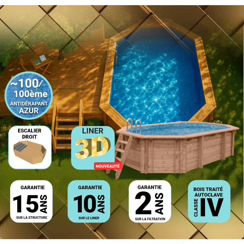 Piscine bois Allongée UBBINK PREMIUM 550x355x120cm Liner Relief 3D