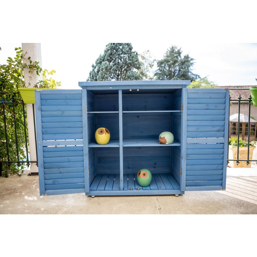 Armoire de rangement lasurée couleur bleue équipée de 3 étages / dim. 87x46,5xH95 cm / 0,40 m2