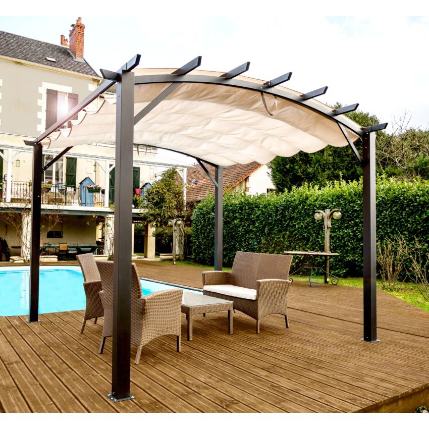 Pergola arche structure mixte aluminium/acier coloris gris / Surf. de protection : 11,22 m2 / toit en toile polyester 140 gr/m2 