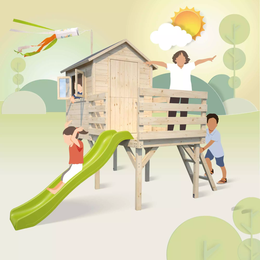 Cabane en Bois sur pilotis avec toboggan pour enfants