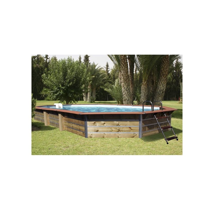Piscine bois Octogonale Allongée CALAYAN  890x420x129cm Liner Bleu
