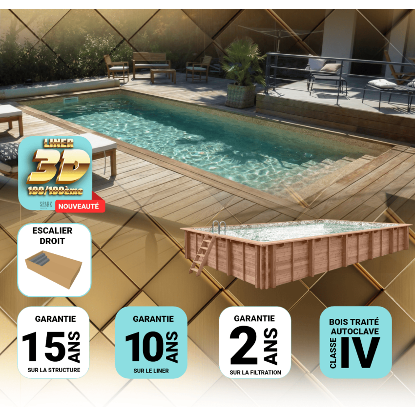 Piscine bois UBBINK PREMIUM avec Escalier 555x300x140cm Liner Relief 3D