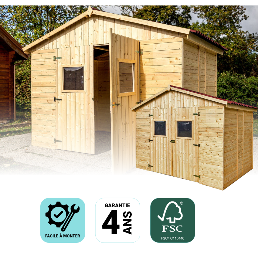 Abri Panneau bois massif sans plancher / 16 mm / surf. ext. : 6,60 m2