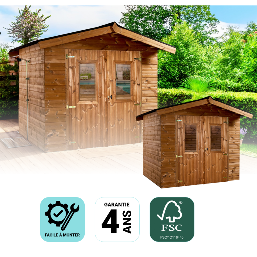 Abri madriers connexion angulaire bois traité très haute température avec Toit double pente plaques ainsiqu'un kit soubassement