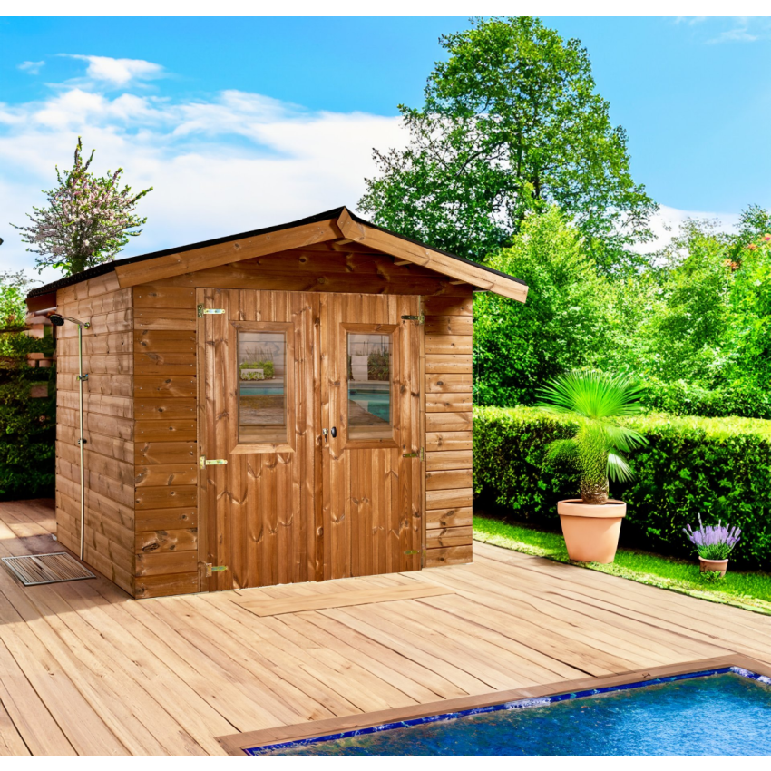 Abri madriers connexion angulaire bois traité très haute température avec Toit double pente plaques ainsiqu'un kit soubassement