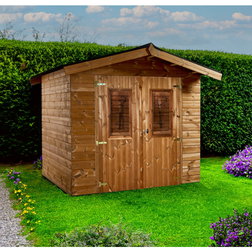 Abri madriers connexion angulaire bois traité très haute température avec Toit double pente plaques ainsiqu'un kit soubassement