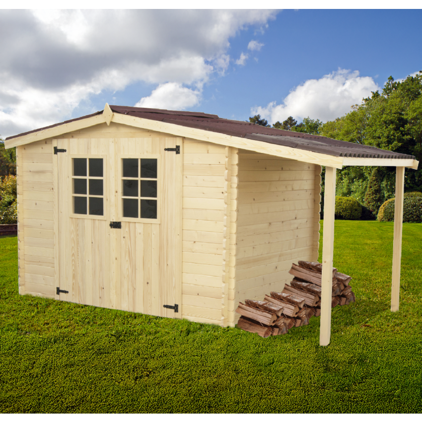 Abri Madriers bois massif avec bûcher / 28 mm / surf. ext. abri + bûcher : 9,49 m2