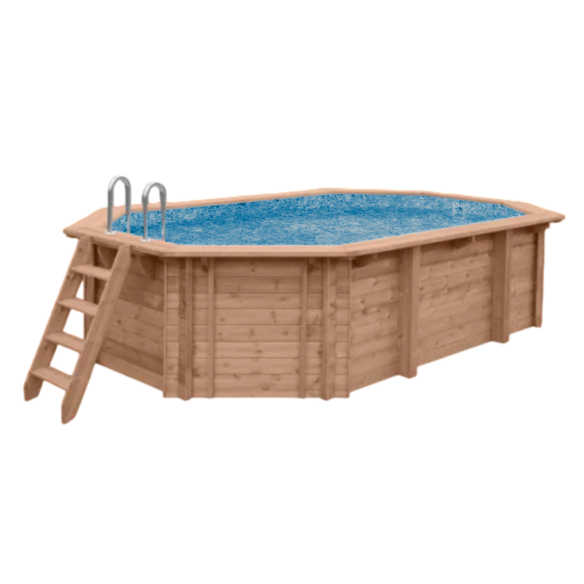 Piscine bois PRESTIGE Octogonale Allongée SPARK avec Plage Immergée + Escalier 541x336x131cm Liner Relief 3D