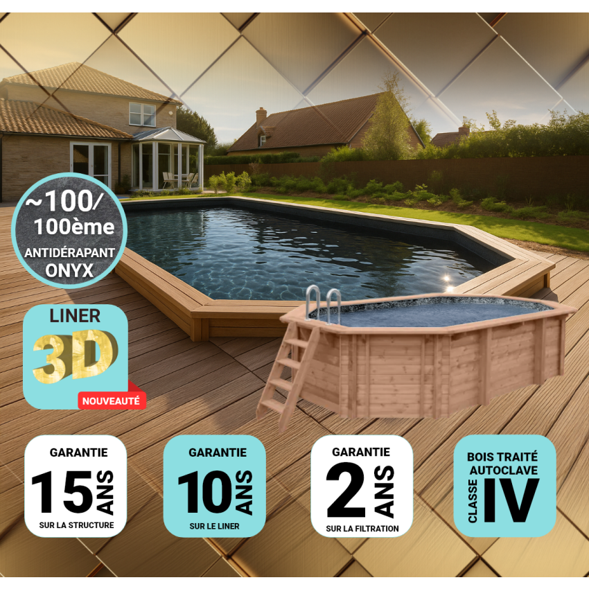 Piscine bois Allongée UBBINK PREMIUM 860x470x130cm Liner Relief 3D