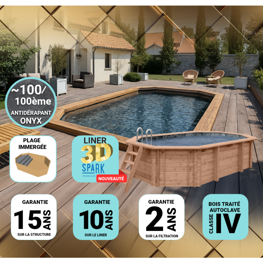 Piscine Bois PRESTIGE Octogonale allongée avec Plage immergée + escalier 807x457x131cm Liner Relief 3D