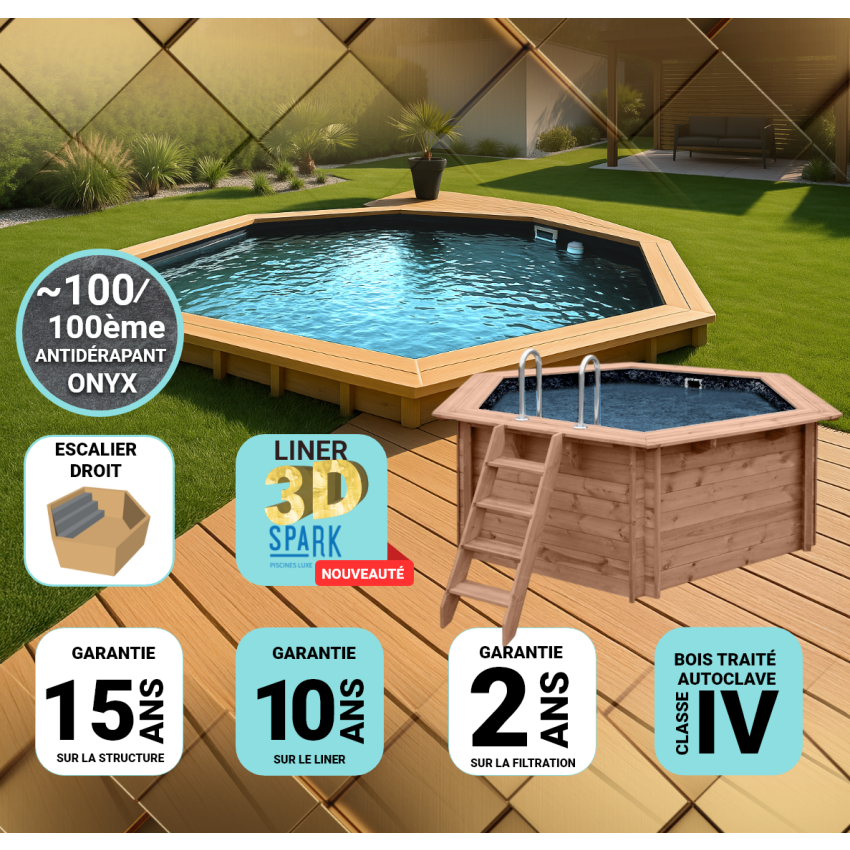 Piscine Bois Spark PRESTIGE Ronde Hexagonale Avec Escalier SPARK ⌀ 395x115cm Liner Relief 3D